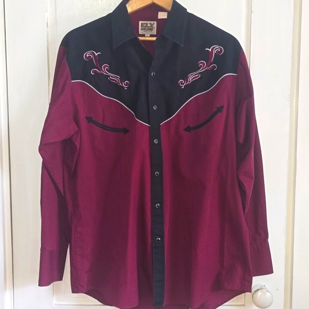 Men's Vintage ELY Cattleman Scroll Embroidered Enamel Snap Button Front Shirt L